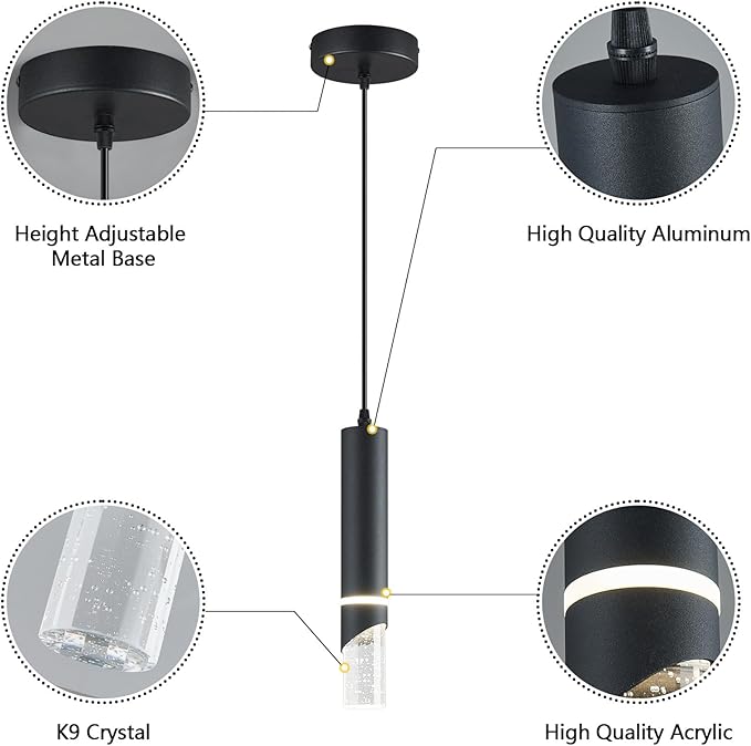 Modern Dimmable Led Pendant Lights Kitchen Island, Ideal for Living Room, Bedroom,Sink 6w LED Crystal Energy-Saving Hanging Lamp for Cozy Lighting (Black 1-Pack)