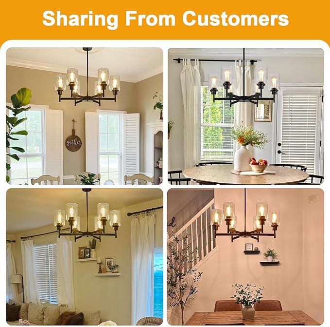 Black Chandeliers, 6 Light Dining Room Light Fixtures Over Table, Farmhouse Chandeliers for Dining Room with Clear Glass Shade for Kitchen Island Living Room Bedroom Bathroom, Height Adjustable