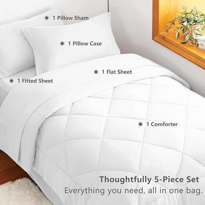 CozyLux Twin Comforter Set with Sheets White - 5 Pieces Bed in a Bag Twin, All Season Bed Set for Girls and Boys, Bedding Set with Down Alternative Comforter, Sheets, Pillowcase & Sham