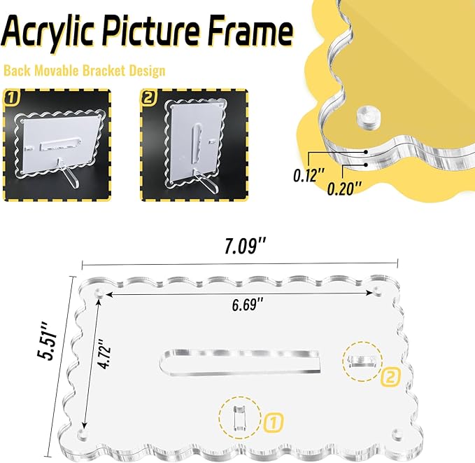 3 Pack Acrylic Picture Frames 4x6 Scalloped with Detachable Brackets, Vertical and Horizontal Tabletop Display, Clear Magnetic Photo Frames for Home/Family/Party/Wedding