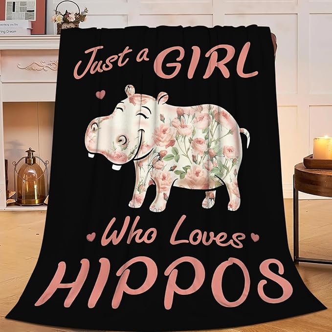 Hippo Blanket for Girls Women Just A Girl Who Loves Hippos Gifts Throw Blanket Lightweight Fuzzy Cozy Plush Flannel Fleece Blankets for Bed Decor 60"x80"