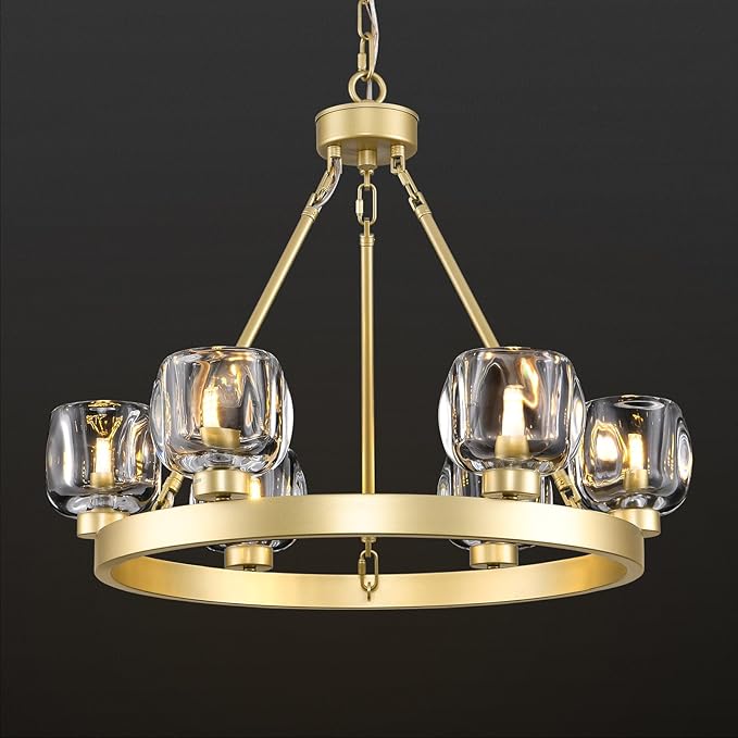 Gold Wagon Wheel Chandelier, 24 Inch Brass Chandeliers with Unique Glass Shade, 6-Light Crystal Farmhouse Wagon Wheel Chandeliers for Dining Room, Round Chandelier for Living Room, Foyer, Entryway