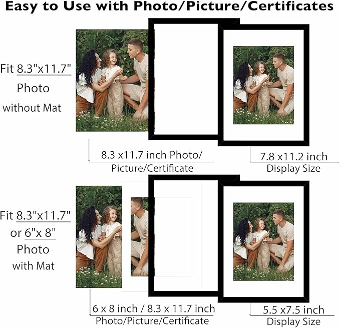 12 Packs A4 Picture Frames, Display 6x8 with Mat or 8.3x11.7 Without Mat, Gallery Wall Frame Set, 8.3 by 11.7 Frames Bulk Set of 12 Collage Wall Decor Photo Frames Set for Wall and Tabletop, Black