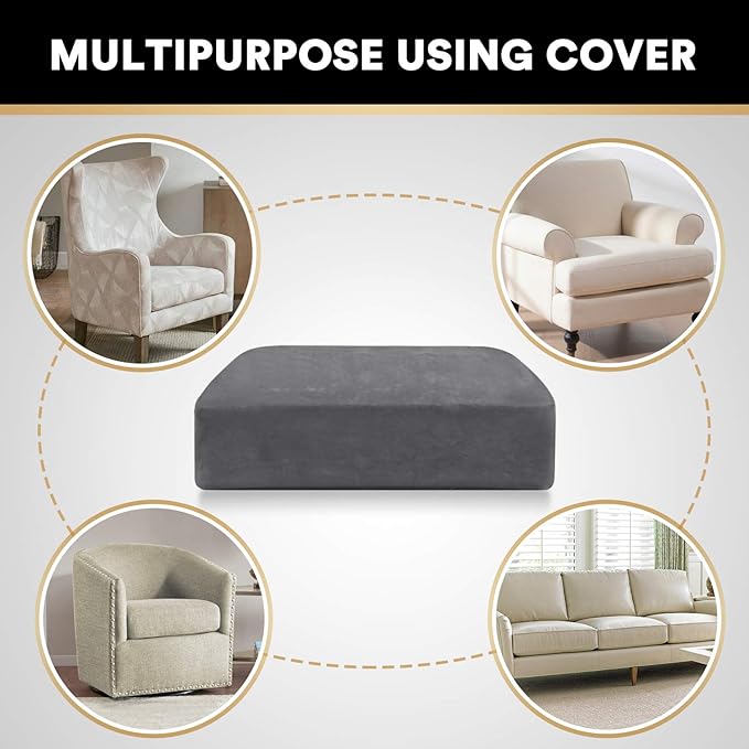 PrinceDeco Velvet Stretch Couch Cushion Cover, Sofa Slip Covers for Cushion Couch Chair Loveseat Sofa Furniture Protector Cushion Sofa Cover Each Width Up to 29.5", Grey