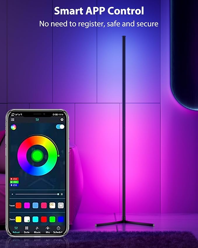 RGB Corner Floor Lamp, 65" Color Changing Modern Corner Lamp with APP Control, Modern LED Lamp with 16 Million Colors & Music Sync for Living Rooms, Bedrooms, and Gaming Rooms