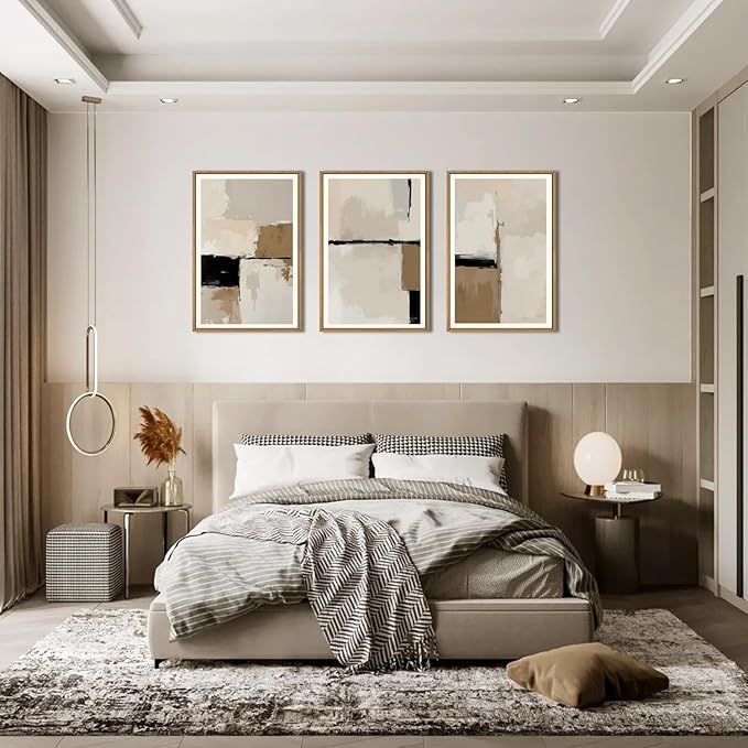 HPINUB Large Modern Abstract Framed Canvas Wall Art Set,Geometric Line Black White and Beige Textured Wall Decor Neutral Gray Minimalist Art Print for Living Room,Bedroom,Office -24"x36"x3