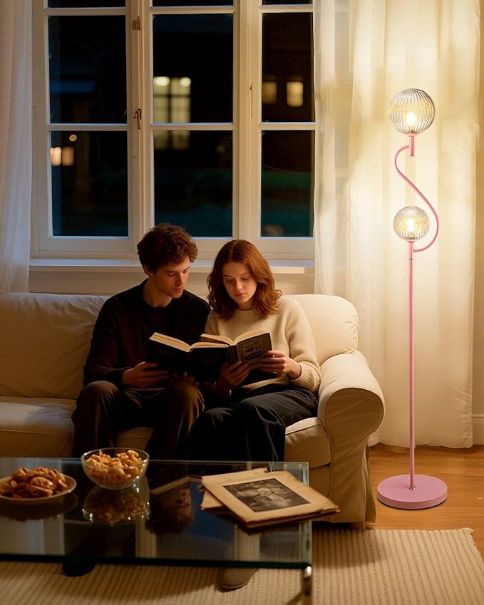 Lightdot Pink Floor Lamp, Mid Century Tall Standing Lamps with Globe Clear Glass Shade Soft Warm White Eye Care 3000K Bulbs Included, Modern Unique Floor Lamp for Living Room Bedroom