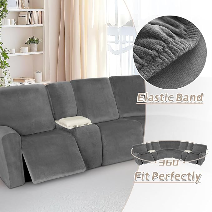 Arfntevss Sectional Recliner Couch Covers Velvet Washable Corner Sectional Sofa Cover for Reclining Couch Stretch Soft Thick L Shape Recliner Slipcover Set (5 Seat with 2 Console Cover, Middle Gray)