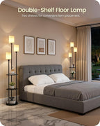 Floor Lamp with Shelves, Modern Floor Lamp with 3 Linen Shades and Foot Switch, 3-Light Standing Lamp, for Living Room, Bedroom, Study, Office, Black and Beige E53LD05