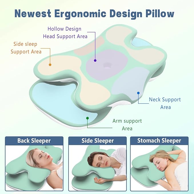 Cervical Pillow for Neck and Shoulder Pain Relief, Ergonomic Neck Pillow for Sleeping, Contour Memory Foam Cervical Pillow, Neck Pillow for Side Back Stomach Sleepers with Ice Silk Fabric (Green)