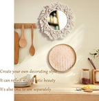 Boho Wall Basket Decor Set - Flat Woven Macrame Tapestry, Mirror White Round Tassels, Handmade Rattan Wicker Seagrass Wall Basket