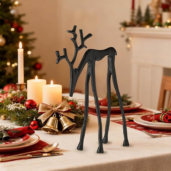 2026 New 2 Pcs Black Metal Reindeer, Black Metal Reindeer Christmas Decoration, European-Style Modern Aluminum Alloy Xmas Figurines, Indoor Holiday Statues for Mantel, Bedroom, Office Table (#A)
