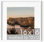 HAUS AND HUES 16x16 White Metal Picture Frame Matted to 12x12 - Features Premium Aluminum & Hanging Hardware, Shatterproof Plexiglass - Ideal for Home, Room, Office (16x16 in, White, Set of 1)