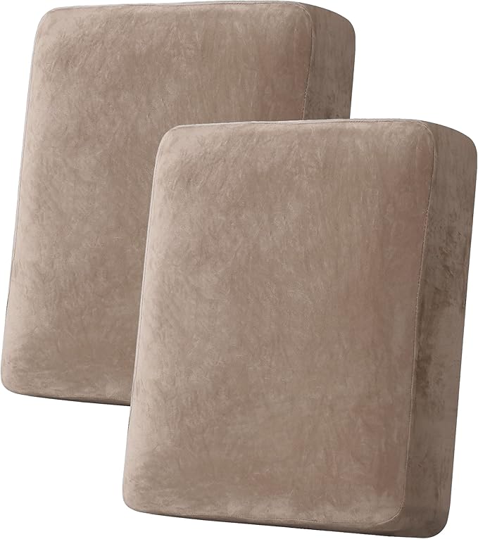 H.VERSAILTEX Velvet Stretch Couch Cushion Cover Plush Cushion Slipcover for Chair Loveseat Sofa Cushion Furniture Protector Seat Cushion Sofa Cover (2 Piece Medium Sofa Cushion Covers, Taupe)