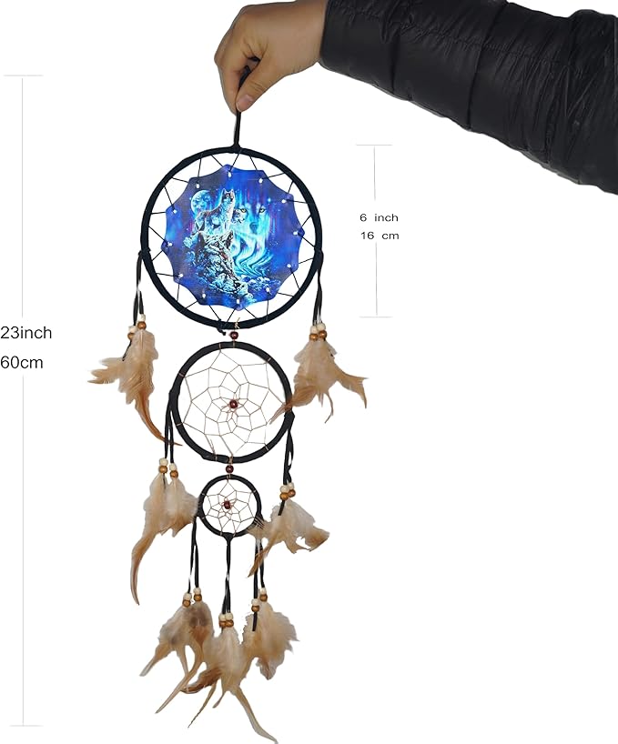 Remorelt Wolf Eagle Bear Dream Catcher Bedroom Wall Decor, Christmas Home Decoration, Room Accessory, White Moon Feather Decoration - Unique Home Craft Wall Pendant (DC12 6Inch Wolf Mountain)