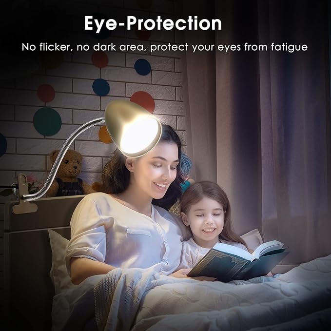 Energetic Clip on Lamp for Bed, Non-Dimmable Reading Light for Bed and Desk, 4000K Cool White, 3.5W 240 LM Flexible Gooseneck lamp, Eye Protection, ETL Listed, Gold