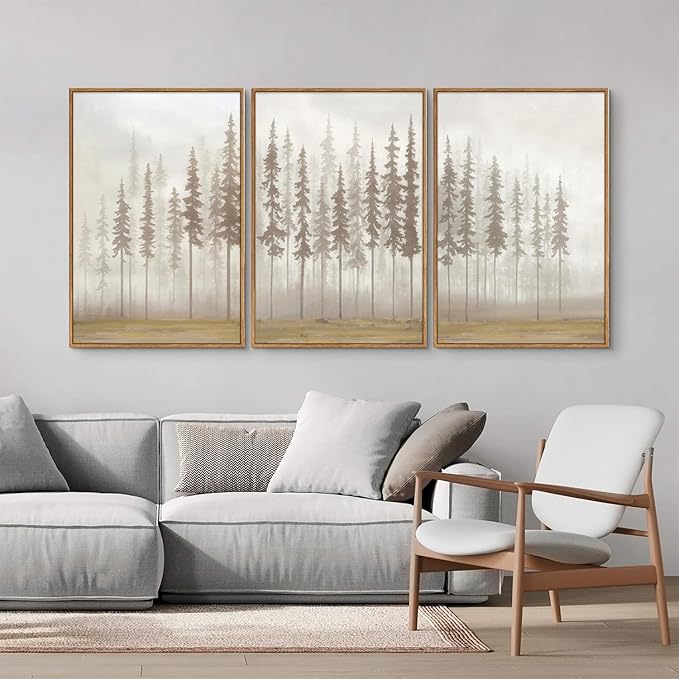 SIGNINART Large Pine Tree Framed Canvas Wall Art Set, Foggy Forest Landscape Wall Decor, Modern Beige Nature Artwork, Misty Forest Wall Painting for Living Room, Bedroom,Office 16 x24 x3