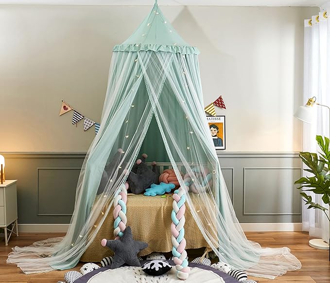 VETHIN Bed Canopy for with Lights,Double Layer Princess Round Dome Dreamy Mosquito Net Bedding Girls Room Castle Play Tent Hanging House Decor Reading Nook Canopies(Green/White)