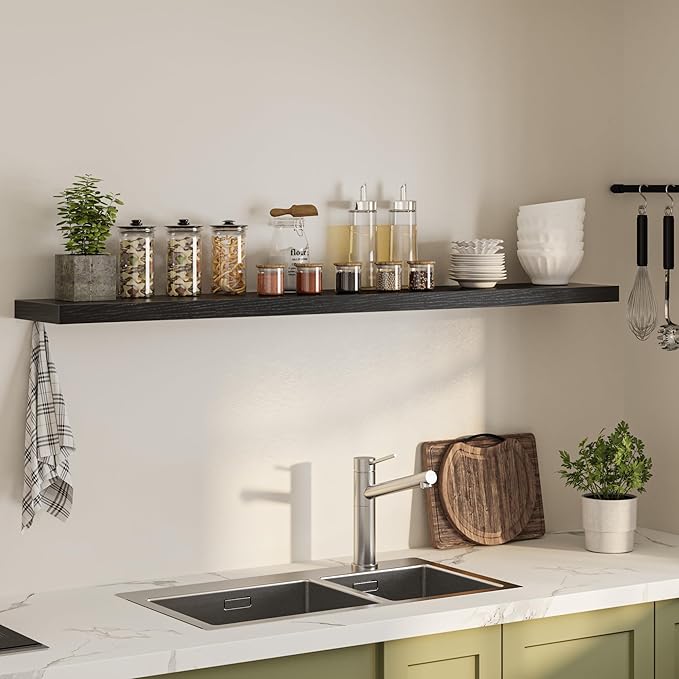 Floating Shelves for Wall, 72"W x 9.3"D x 1.5"H, Long Wooden Wall Mounted Display Shelves with Invisible Brackets for Living Room, Bedroom, Bathroom, Kitchen Decor and Storage, Set of 1, Black