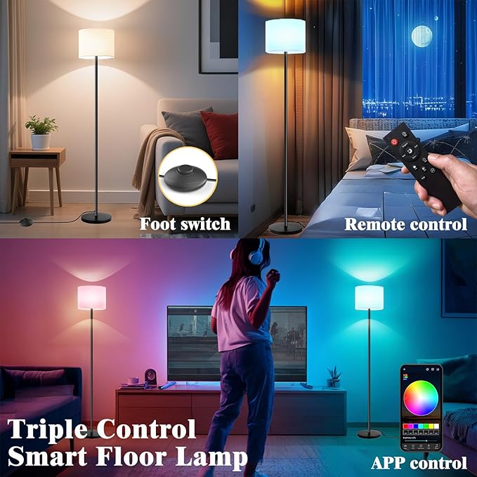 Smart Floor Lamp with APP & Remote Control - Dimmable RGB & White Light (3000K-6500K) for Living Room, Bedroom, Office - Modern Standing Lamp with 9W LED Bulb Included