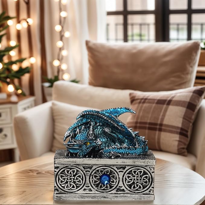 Dragon Statue Jewelry Box, Medieval Fantasy Myth Dragon With Cover Treasure Box, Dragon Statue Decoration Collection Gift Box. (Blue)