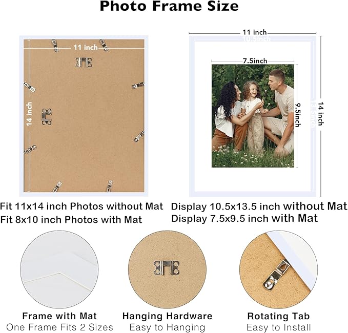 12 Packs 11x14 Picture Frames, Display 8x10 with Mat or 11x14 Without Mat, Gallery Wall Frame Set, 11 by 14 Frames Bulk Set of 12 Collage Wall Decor Photo Frames Set for Wall, White