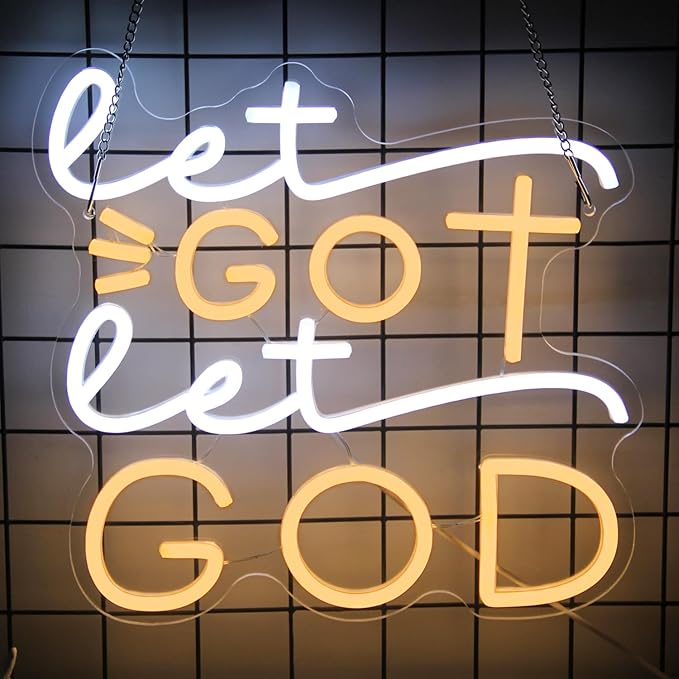 Let Go Let God Neon Sign Warm White Cross Neon Light Dimmable Letters LED Signs for Wall Jesus Neon Lights Signs for Bedroom Church Man Cave Bar Decor Christian Hymn USB Powered