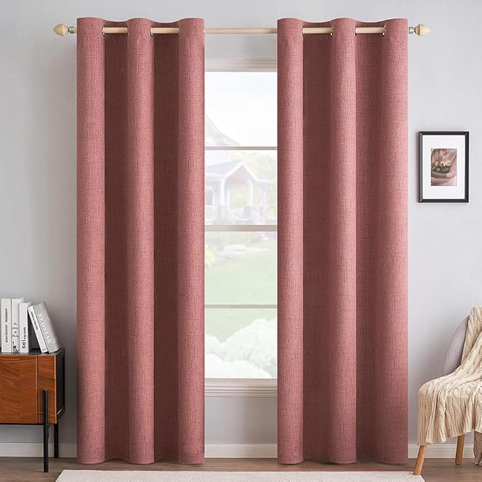 MIULEE 100% Blackout Linen Textured Curtains for Bedroom Solid Thermal Insulated Dusty Rose Grommet Room Darkening Curtains & Drapes Luxury Decor for Living Room Nursery 42 x 90 Inch (2 Panels)