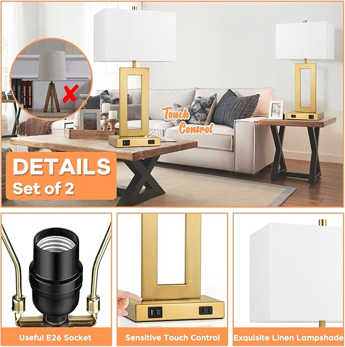 Modern Vintage Gold Table Lamp Set of 2, 28inch Tall Lamps for Living Room Bedroom with 2 USB Ports&AC Outlet, 3 Way Dimmable Touch Control Desk Lamps for Reading Home Office, E26 Socket, with Bulb