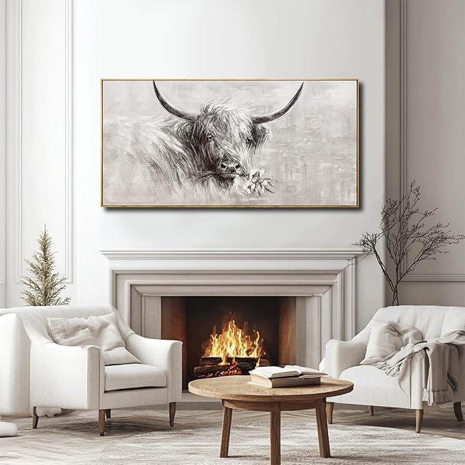 Farmhouse Wall Decor Framed Cow Artwork Grey Vintage Wall Art Canvas Flower Print Rustic Animal Pictures Style for Bedroom Dining Room 24x48 Inch