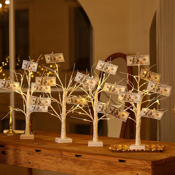 4 Pack Money Tree Gift Card Holder LED Birch Twig Tree Lights Graduation Decorations Battery/USB Powered Light Up Display Twig Gift Card Trees with 22 Clear Clips for Money Card Photo