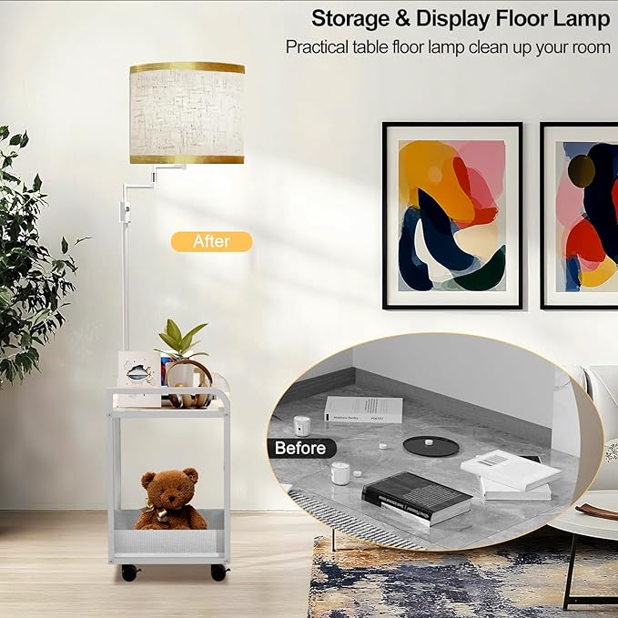 Lightdot 63IN Floor Lamps with Storage Table&Basket, Modern Standing Tall Lamps with Adjustable Fabric Lampshade and Movable&Fixed Casters, Coner End Table Lamp for Living Room/Bedroom/Office-White