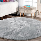 Latepis Round Area Rugs 8 Feet Grey Fuzzy Rug Fluffy Shag Throw Rugs Washable Faux Sheepskin Fur Plush Rug for Living Room Bedroom Floor Home Decor