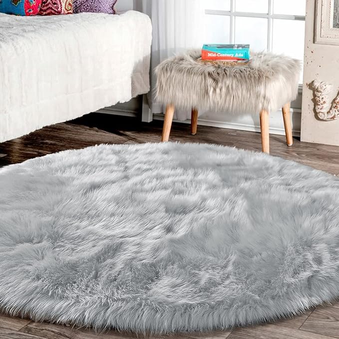 Latepis Grey Living Room Round Area Rug 10 ft Washable Faux Fur Rug Fluffy Shag Rug Circle Carpet Soft Sheepskin Rugs for Bedroom Playroom Shaggy Rugs Home Decor