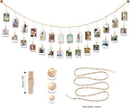 8 Feet Wooden Beads Garland with Clothespins Picture Cards Holder - Country Farmhouse Christmas Nursery Boho Holiday Decorations with Clips