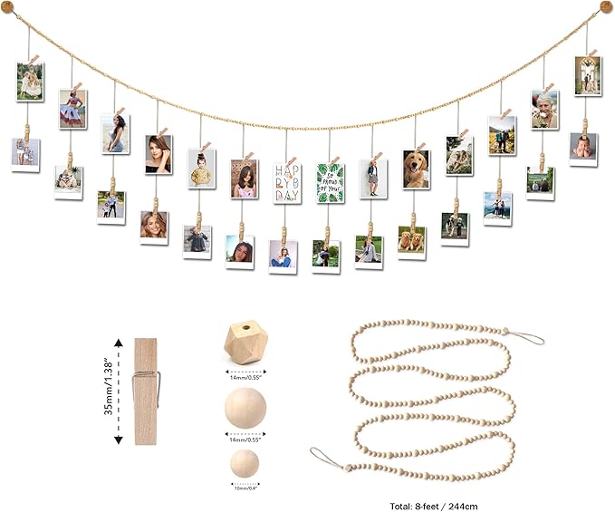 8 Feet Wooden Beads Garland with Clothespins Picture Cards Holder - Country Farmhouse Christmas Nursery Boho Holiday Decorations with Clips