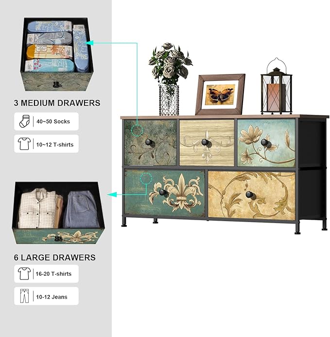 Tohomeor Dresser with Drawers for Bedroom Chest of Drawers Fabric Dresser for Closet,Nursery Entryway Hall Tree TV Stand for Living Room Retro Floral Pattern Drawers Wooden Top (5 Drawers)