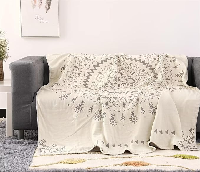 MSGKV Boho Throw Blanket for Couch Sofa Bed, 100% Cotton Blankets 80''x 90'' Woven Blankets Boho Quilt, Versatile KnitWoven Blanket, Super Soft Decorative Blanket for Chair Sofa and Living Room