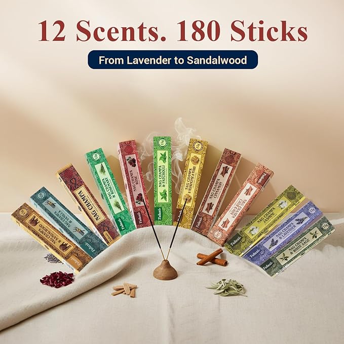 Nag Champa Incense Sticks with Natural Oils, Assorted Incense Set of 12 Scents - Lavender, Rose, Sandalwood, Vanilla, White Sage, Cinnamon, Rosemary etc, Positive Aroma for Meditation, Yoga & Prayer