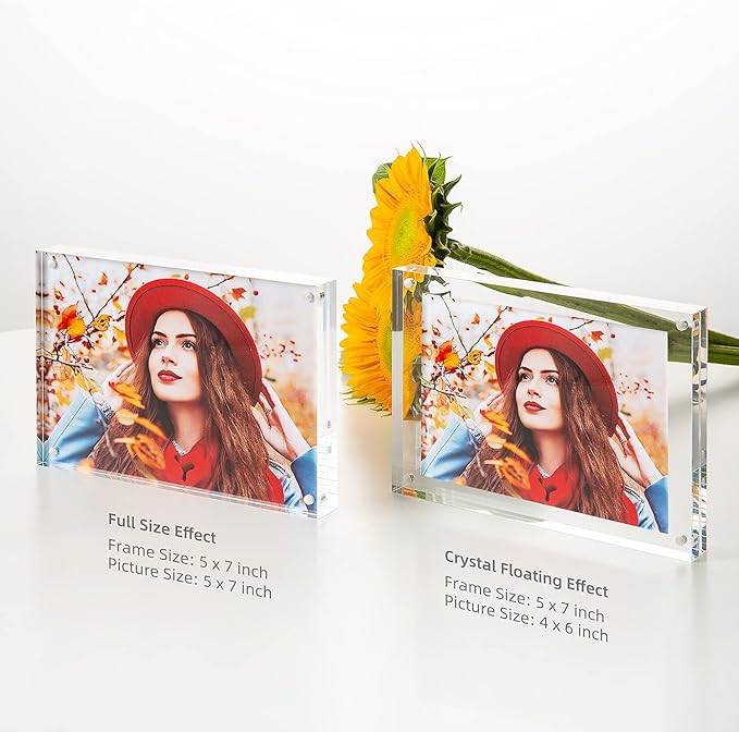 Acrylic Picture Frame, Clear Freestanding Double Sided 20mm Thickness Frameless Magnetic Photo Frames Desktop Display with Gift Box Package (5x7 4 pack)