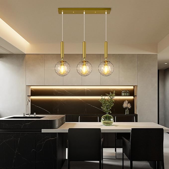 Mid Century Globe Pendant Light with Clear Glass for Kitchen Island Modern Gold Finish Hanging Light Fixture Retro Round Pendant Lighting for Living Room Bedroom Entryway(3-Light)