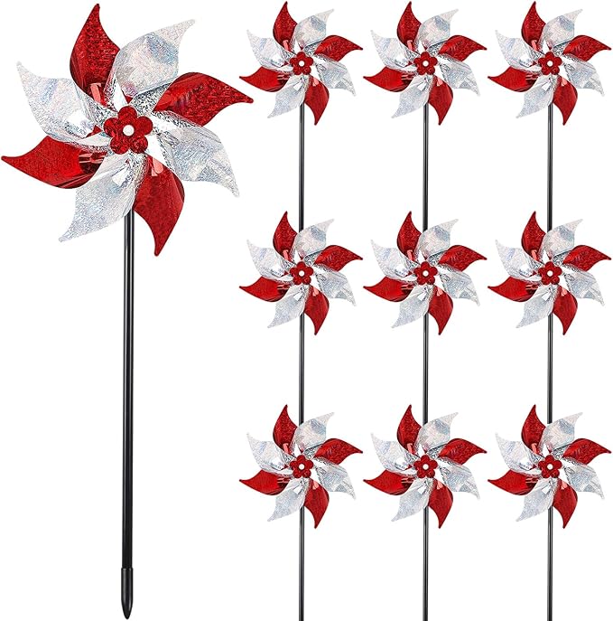 Hausse 10 Pack Reflective Pinwheels, Extra Sparkly Wind Sculptures for Garden Christmas Holiday Winter Decor, Bird Devices Deterrent to Scare Birds Away from Yard Patio Farm, Red & Silver