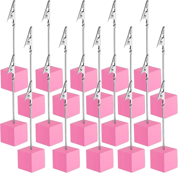 PATIKIL Place Card Holder, 20Pcs Memo Clip Holder Stand with Alligator Clasp Table Number Holders Wooden Base for Pictures Note Card Paper, Pink