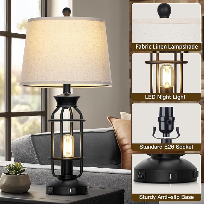 28" Vintage Table Lamps with USB C+A Ports & AC Outlet, Industrial Farmhouse Table Lamp Set of 2, Black Modern Nightstand Beside Lamps with 2 Night Light for Living Room Bedroom(4 LED Bulbs Included)