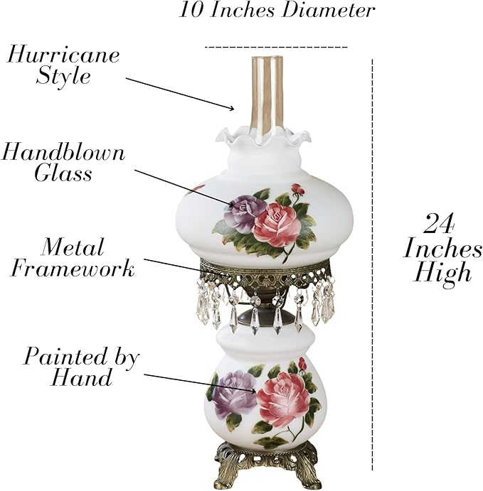 Touch of Class Olivia Jane Hurricane Table Lamp - White - Antique Brass Metal Base, Acrylic Crystal Gems, Glass Scalloped Shade - Vintage Bedroom Aesthetic, Victorian Style Lamps