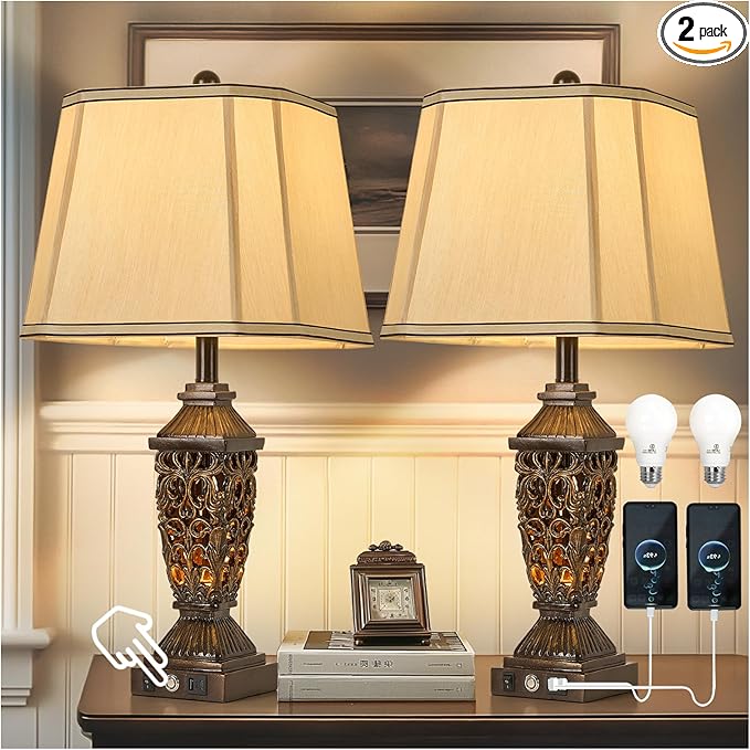 AIDENOEY 27.5“ Farmhouses Table Lamp with USB & USB-C Charging Ports, 3-Color Dimmable & Stepless Bottom Dimming, Touch Control & Switch, Vintage Bedside Lamp for Bedroom Living Room Office,(Brown)