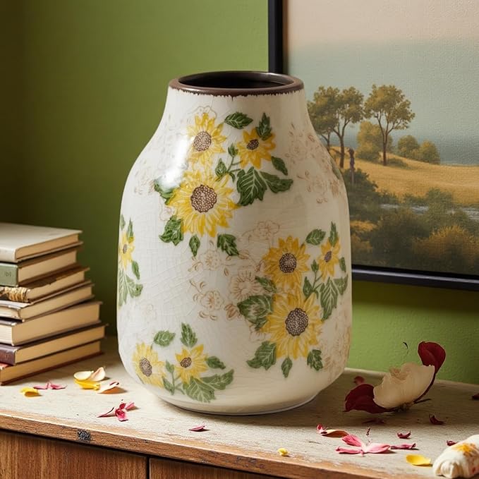 Levvohd Vintage Ceramic Vase, 7.7 Inch Yellow and Beige Sunflower Floral Modern Flower Vases for Home Decor Aesthetic Living Room Bookshelf Office Tuscan Decorations (Conical)