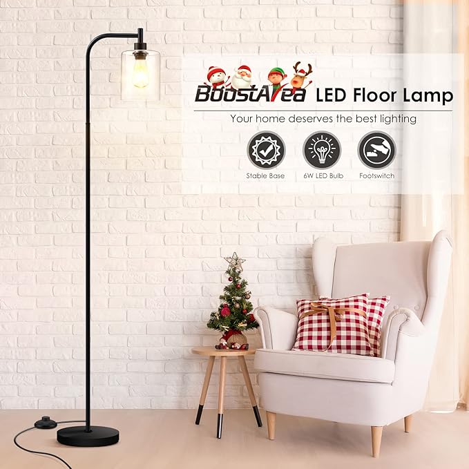 BoostArea Standing Lamp with Glass Shade, Modern Industrial Floor Lamp with Foot Switch, Bright 6W LED for Living Room and Bedroom