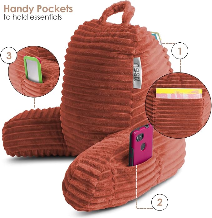 Nestl Reading Pillow with Portable Lap Desk Stand for Laptop 19x11”, Cut Plush Striped Back Pillow, Back Support Pillow, Shredded Memory Foam Bed Rest Pillow with Arms for Kids & Teens, Small - Misty