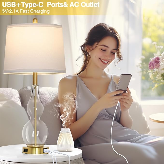 27.5" Clear Glass Table Lamp Set of 2,3-Way Dimmable Touch Control Bedside Lamps with USB Ports and AC Outlet, Modern Nightstand Lamps Gold lamp for Bedroom Living Room